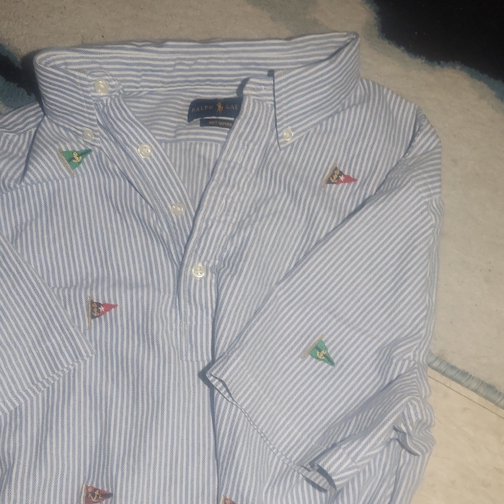 Ralph Lauren Blue and White Striped Shirt with Flag Accents
